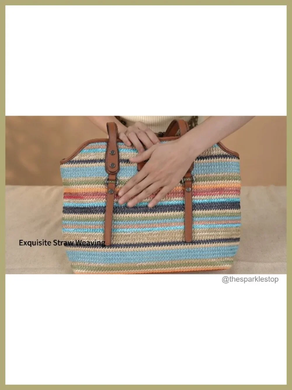 Large Capacity Straw & Vegan Leather Tote Bag for Women Shoulder Travel Work